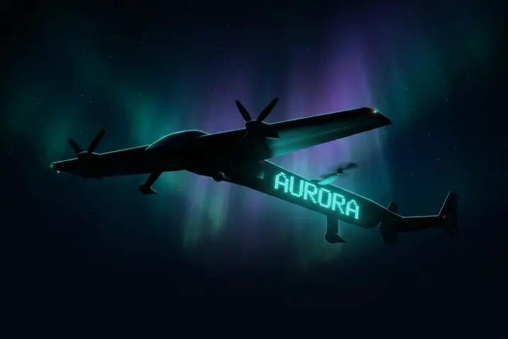 The Aurora aircraft in silhouette against the northern lights, showing its integrated tail-boom LED display reading AURORA