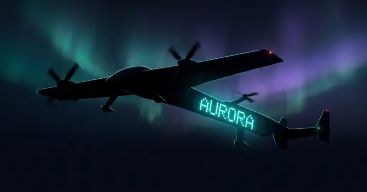 The Aurora aircraft in dark silhouette under the northern lights, showing its integrated tail-boom LED display