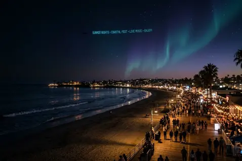 A lit LED message crossing the night sky above a busy beachside boardwalk