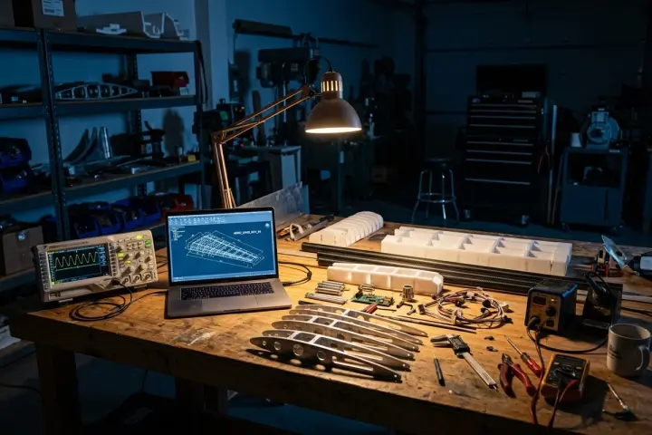 The EBlimp workbench: wing ribs, carbon spars, electronics, and a laptop showing parametric wing CAD